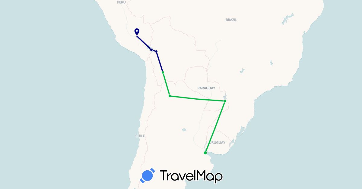 TravelMap itinerary: driving, bus in Argentina, Bolivia, Peru (South America)